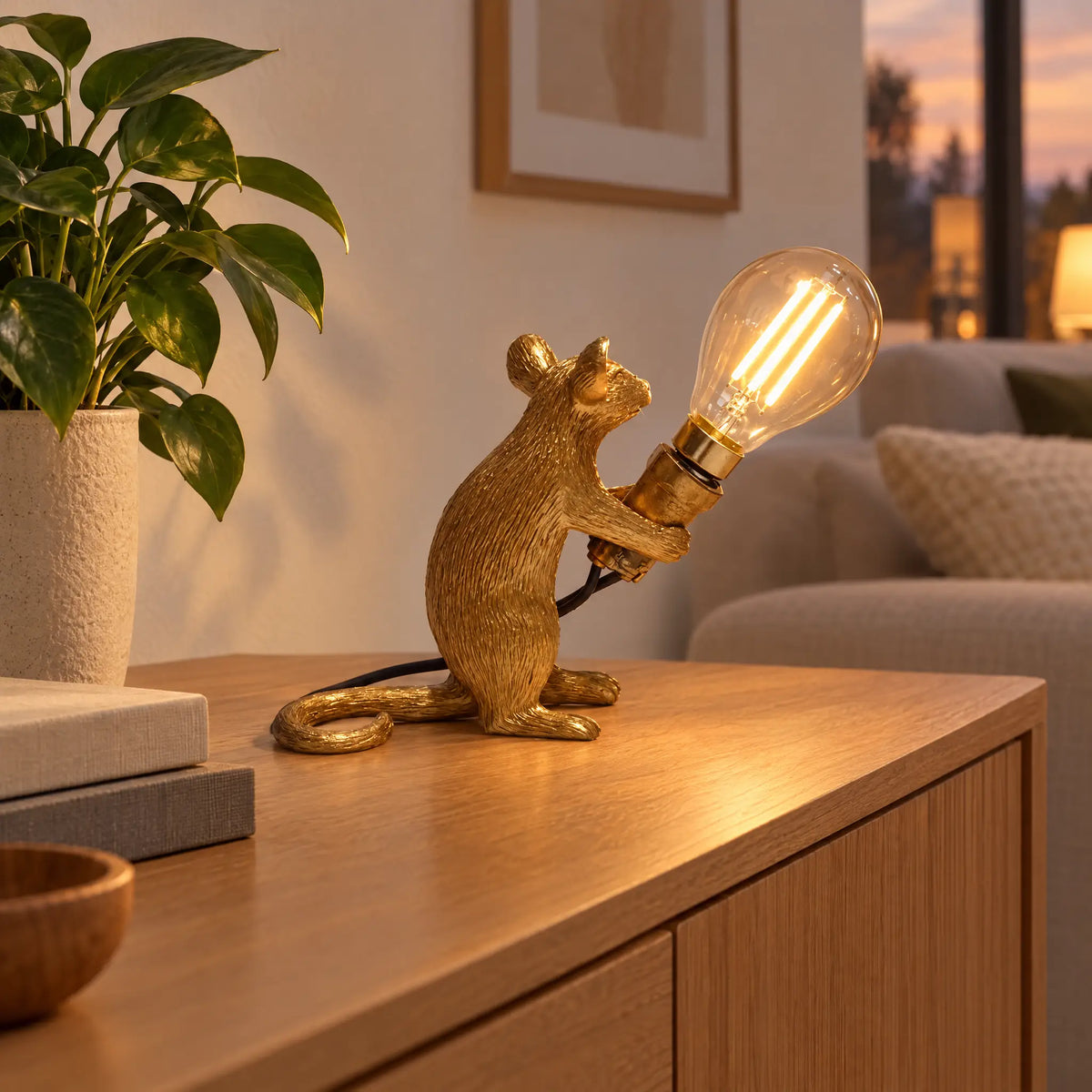 Resin Mouse Table Lamp in 3 Poses and 3 Colors with Button Switch - Golden sitting