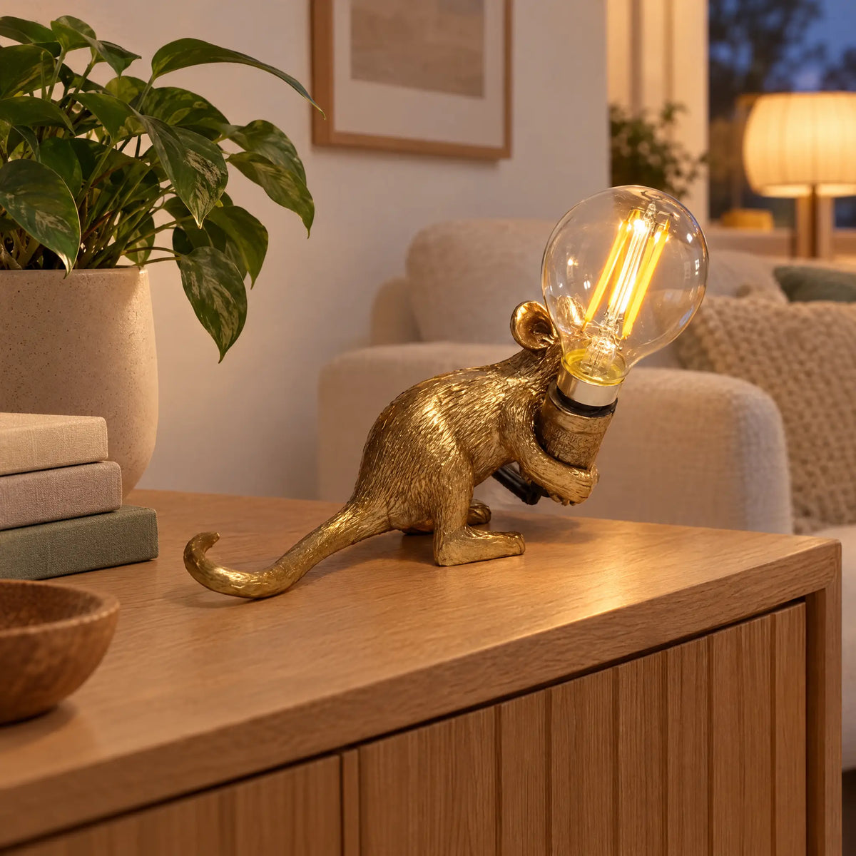 Resin Mouse Table Lamp in 3 Poses and 3 Colors with Button Switch - Golden rat