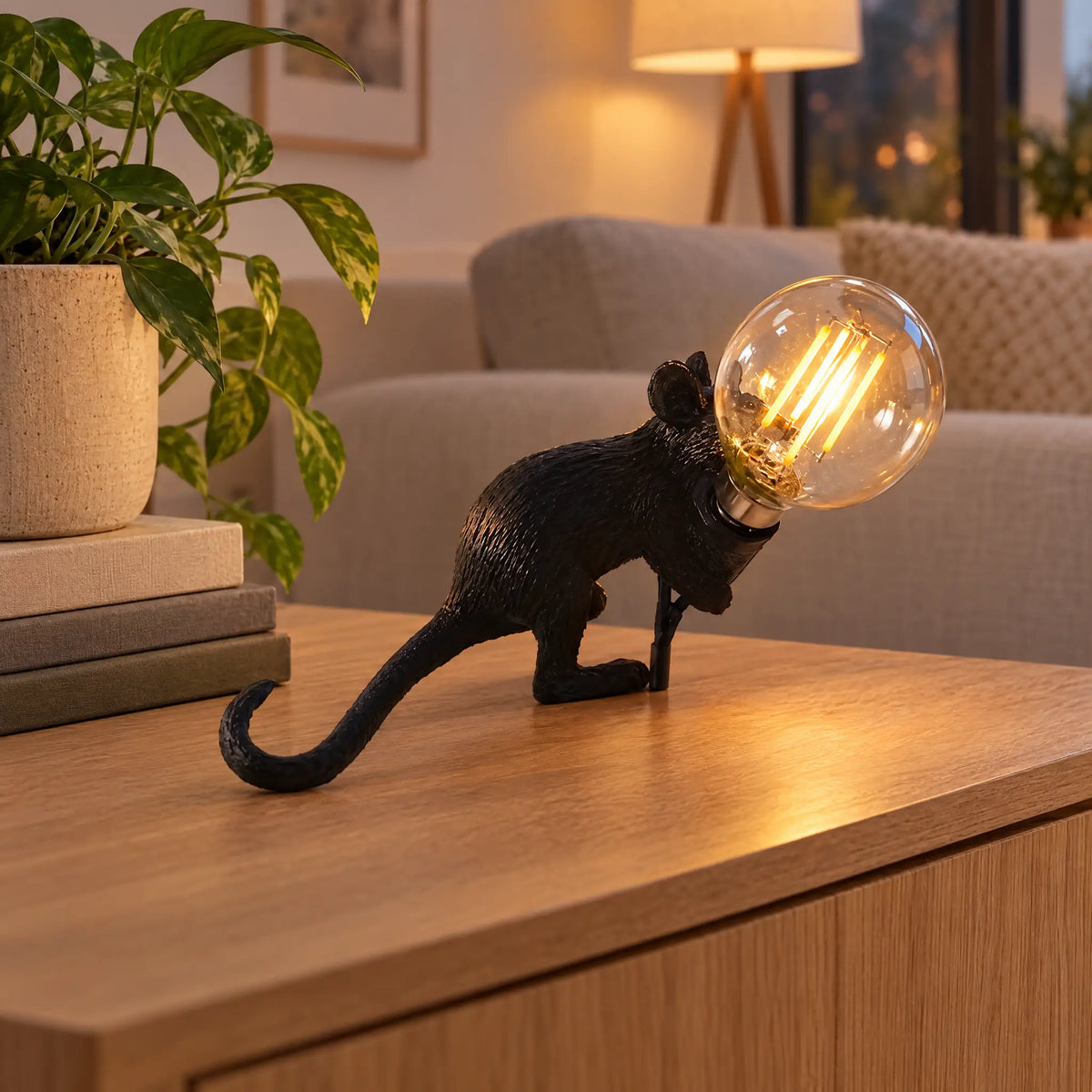 Resin Mouse Table Lamp in 3 Poses and 3 Colors with Button Switch - Black rat