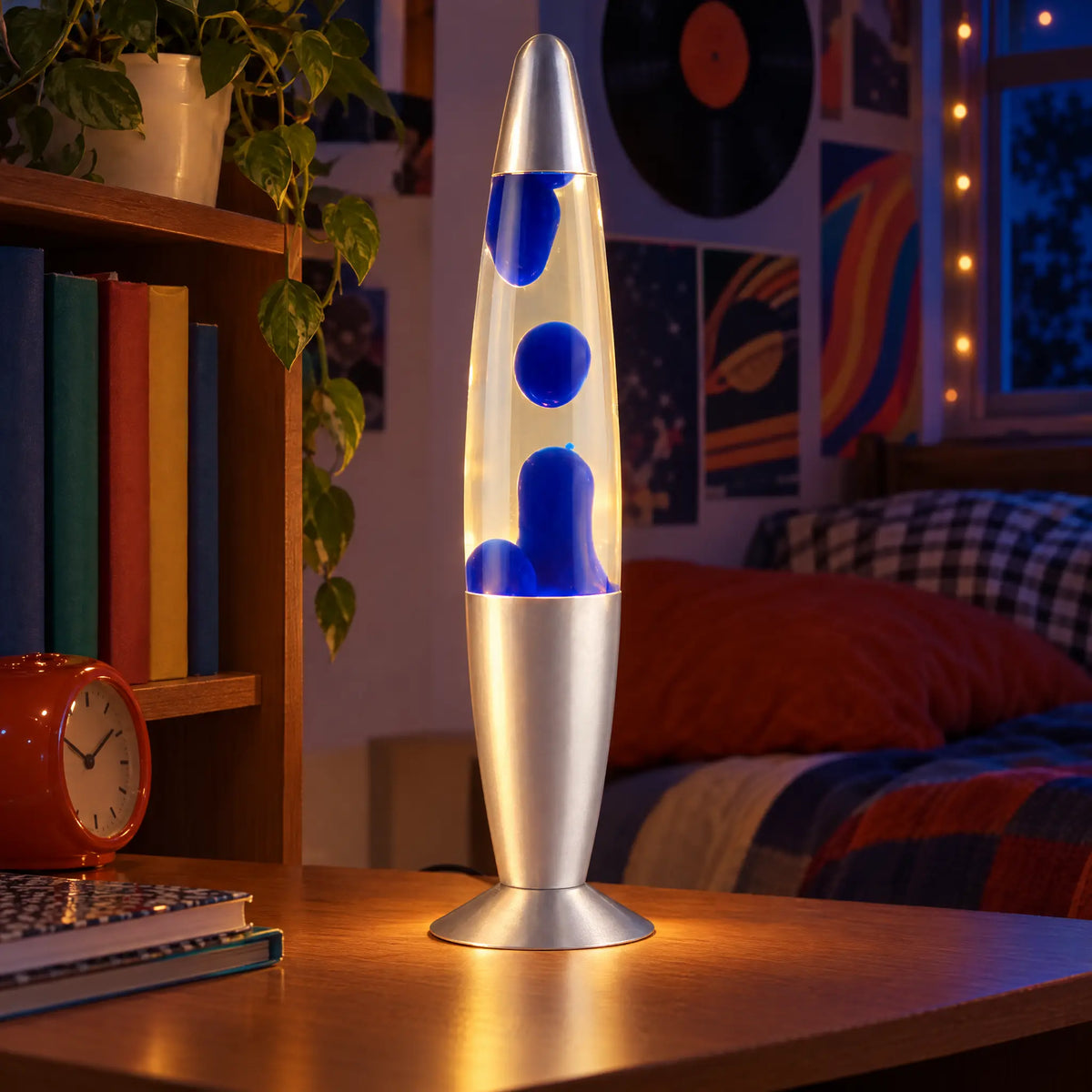 13 in Lava Motion Table Lamp with Aluminum Base and 9 Wax Colors - clear water blue wax