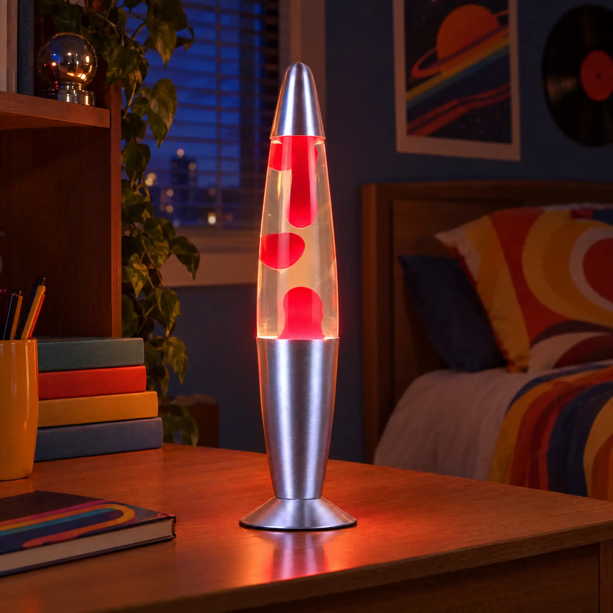 13 in Lava Motion Table Lamp with Aluminum Base and 9 Wax Colors - clear water red wax