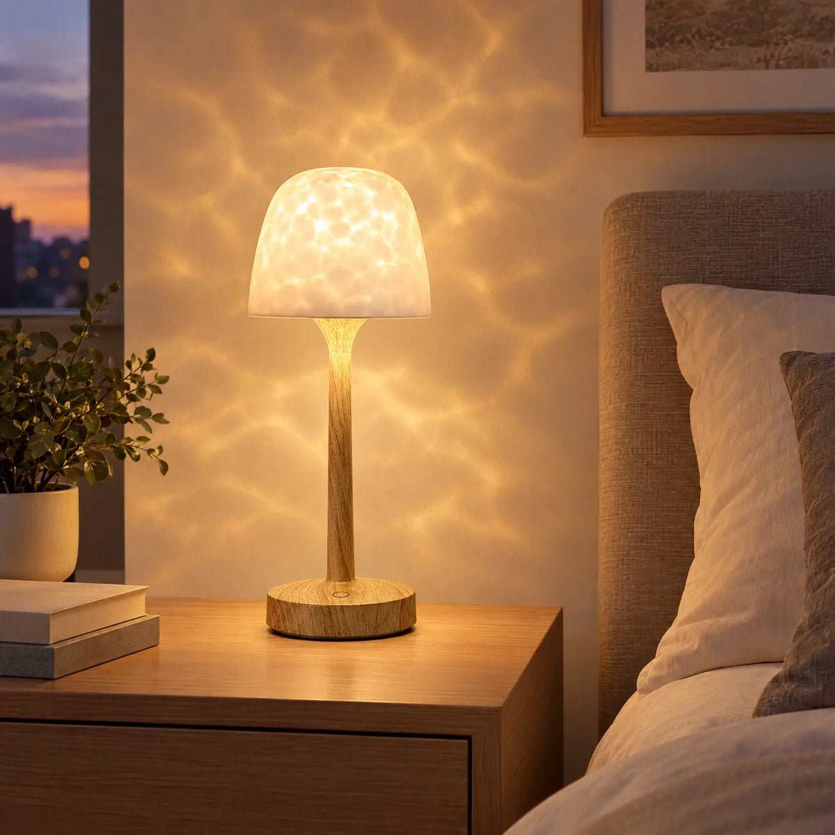 Water Ripple Cordless Table Lamp, Rechargeable with Touch or Remote - natural wood