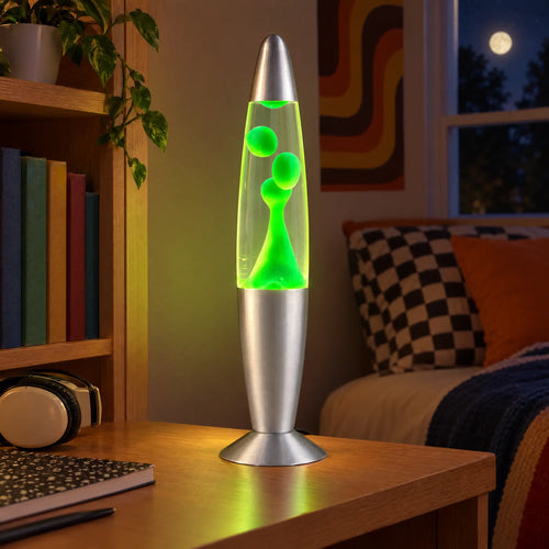 13 in Lava Motion Table Lamp with Aluminum Base and 9 Wax Colors - clear water green wax