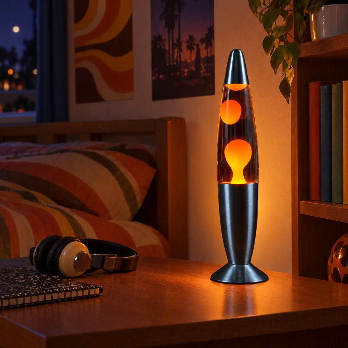 13 in Lava Motion Table Lamp with Aluminum Base and 9 Wax Colors - clear water orange wax