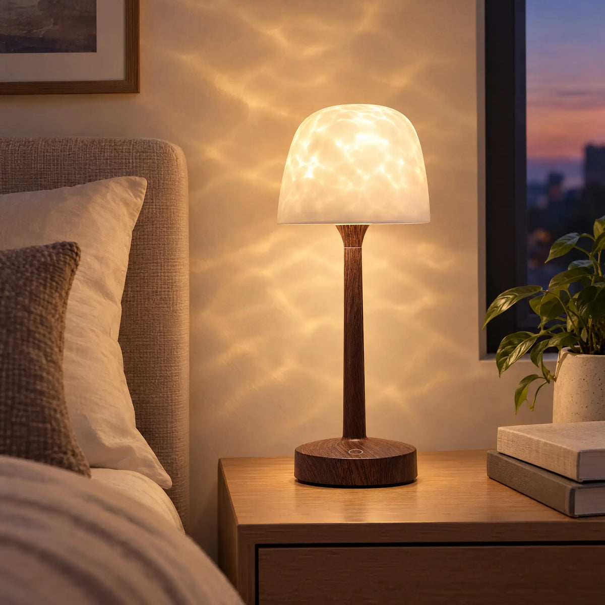Water Ripple Cordless Table Lamp, Rechargeable with Touch or Remote - walnut