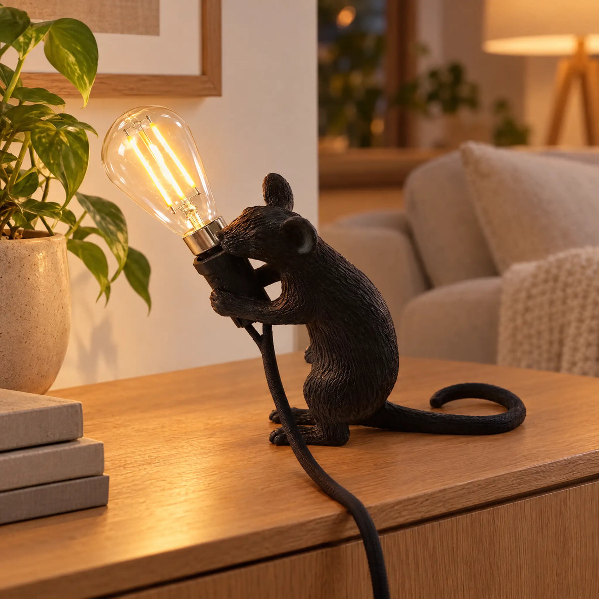 Resin Mouse Table Lamp in 3 Poses and 3 Colors with Button Switch - Black sitting