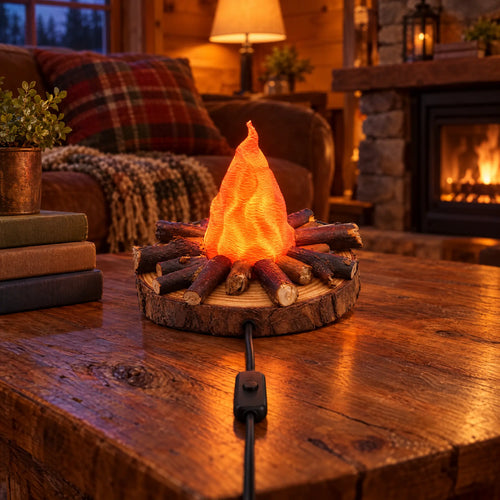 Campfire Night Light with Real Wood Base and Warm LED, USB Powered
