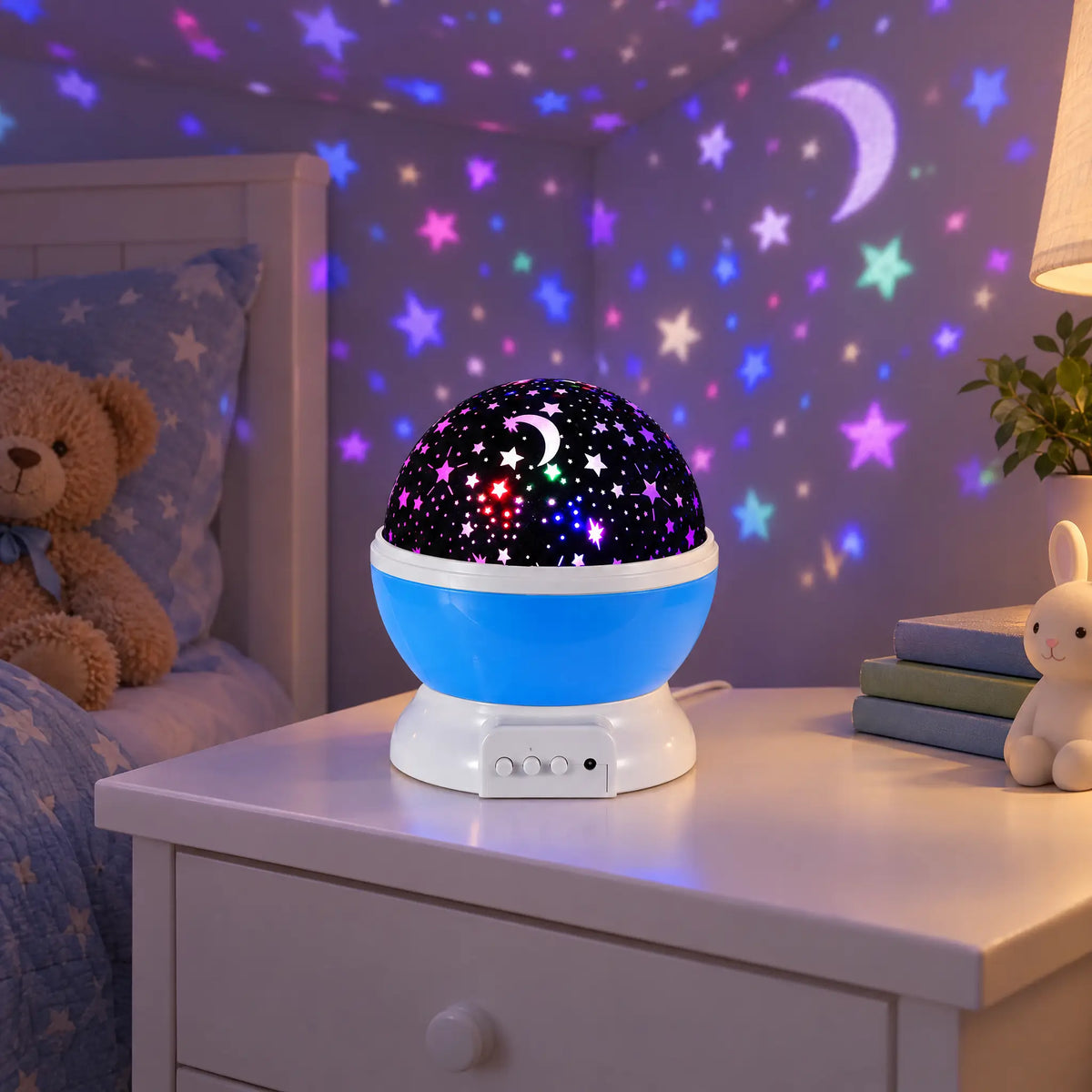 Rotating Star and Moon Night Light Projector, USB or Battery Powered - Blue