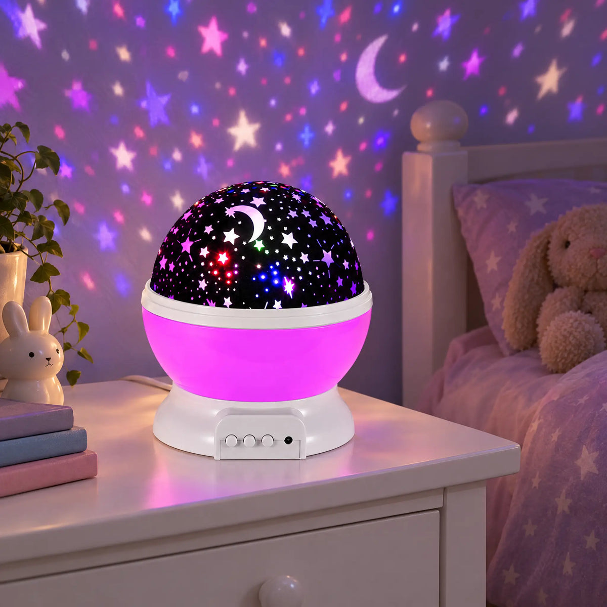 Rotating Star and Moon Night Light Projector, USB or Battery Powered - Pink