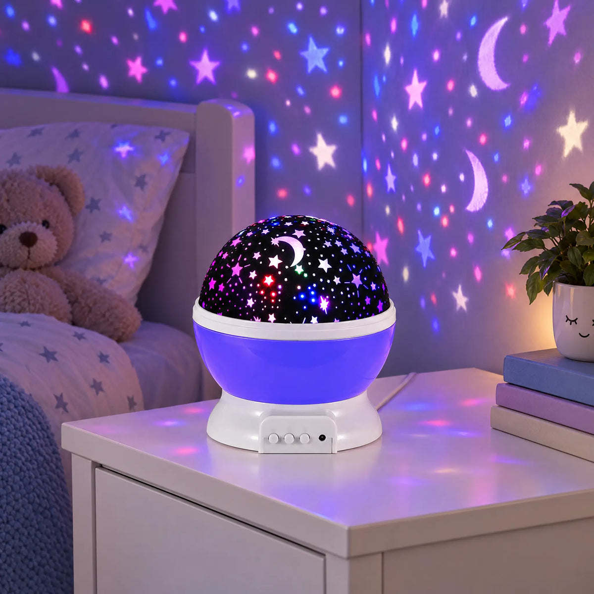 Rotating Star and Moon Night Light Projector, USB or Battery Powered - Purple