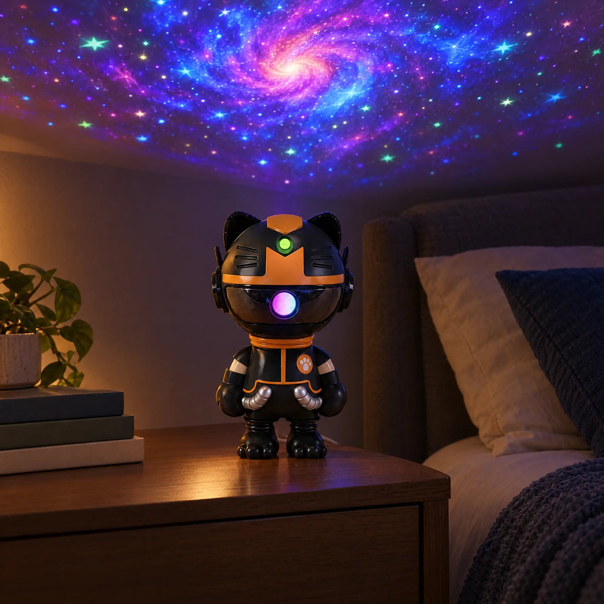 Cat Astronaut Star Projector Night Light with Remote, USB Powered - Black