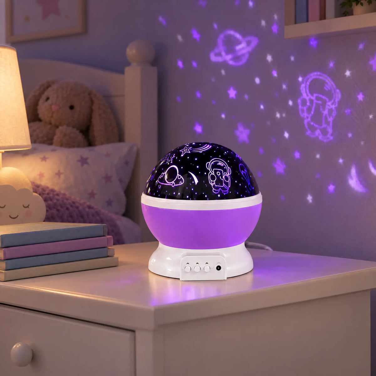 Rotating Astronaut Star Projector Night Light, USB or AA Battery Powered - Purple