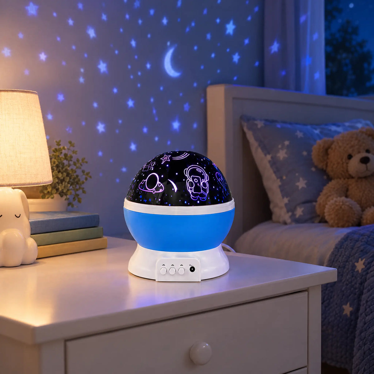 Rotating Astronaut Star Projector Night Light, USB or AA Battery Powered - Blue
