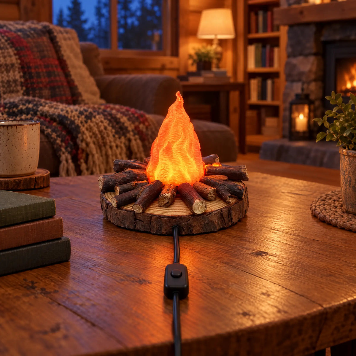 Campfire Night Light with Real Wood Base and Warm LED, USB Powered - Small