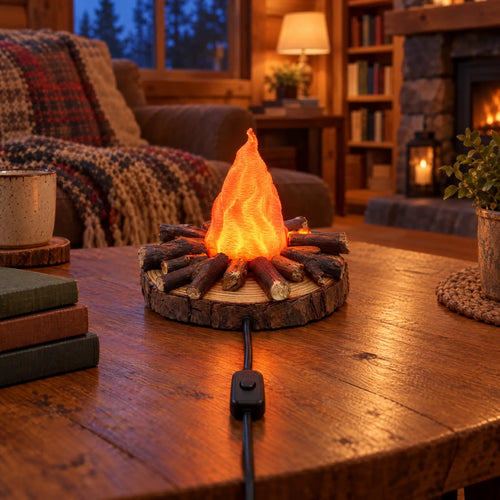 Campfire Night Light with Real Wood Base and Warm LED, USB Powered - Small