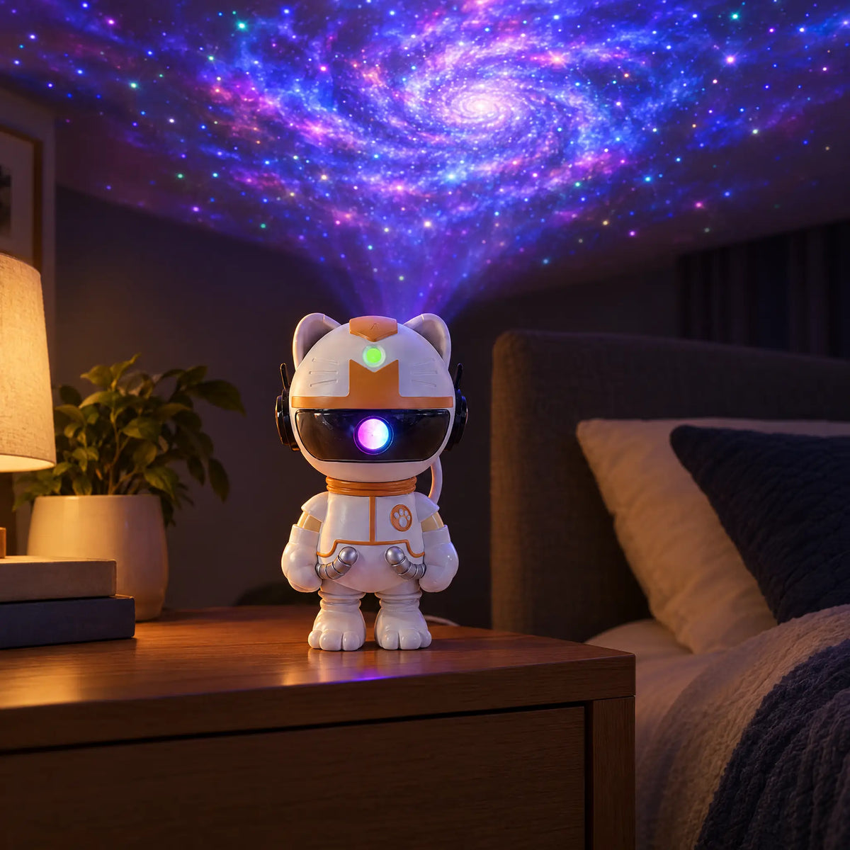 Cat Astronaut Star Projector Night Light with Remote, USB Powered - White