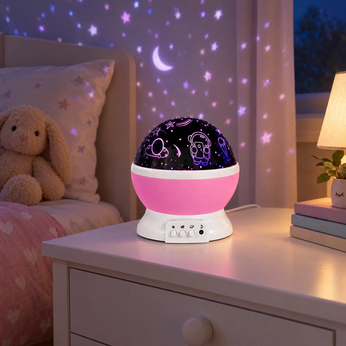 Rotating Astronaut Star Projector Night Light, USB or AA Battery Powered - Pink