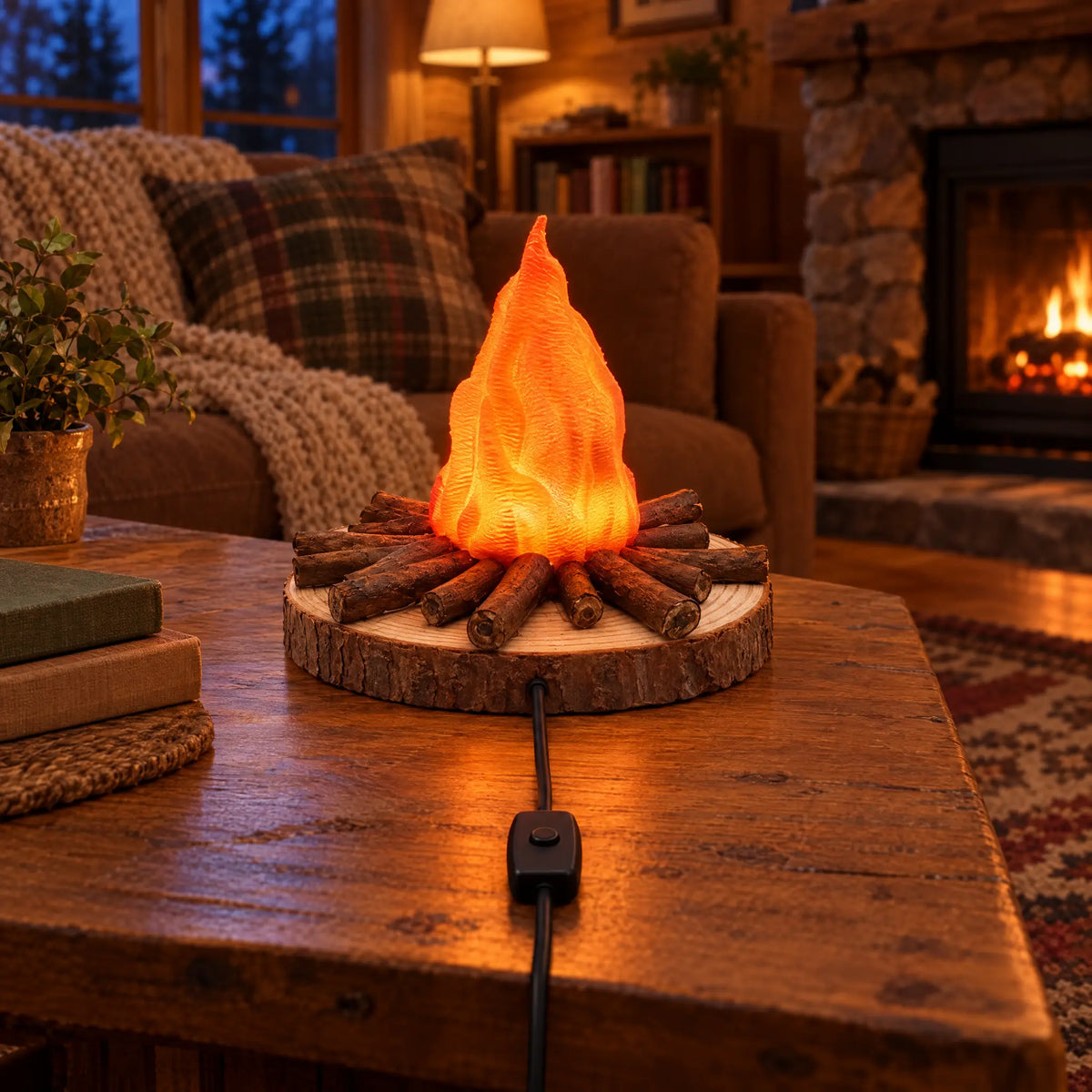Campfire Night Light with Real Wood Base and Warm LED, USB Powered - Large