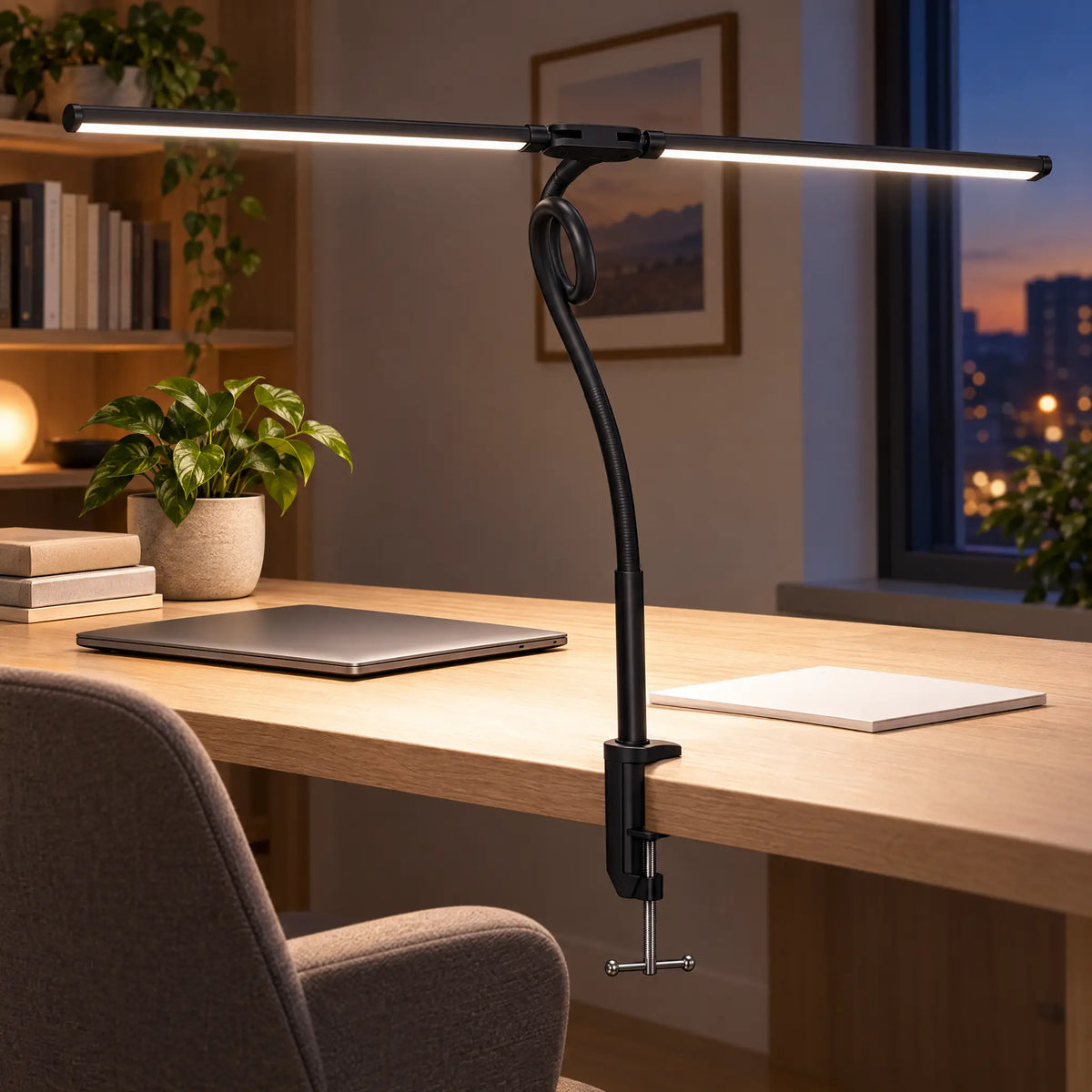 Dual-Head Gooseneck Clip-On Desk Lamp - black on a home-office desk