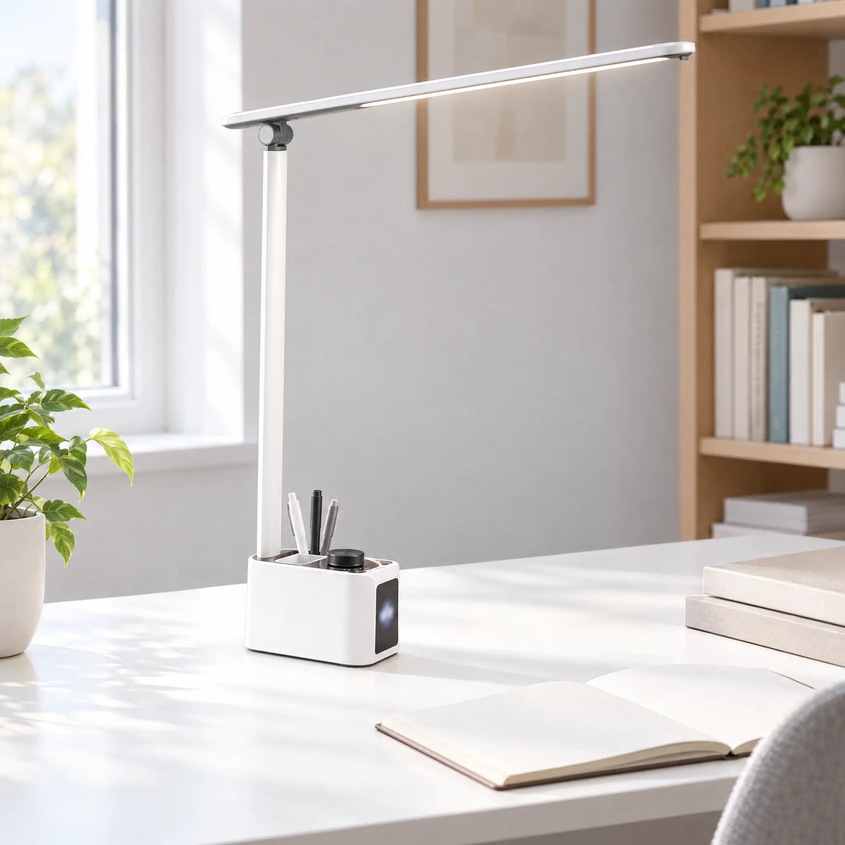 Foldable LED Desk Lamp with Digital Clock - White