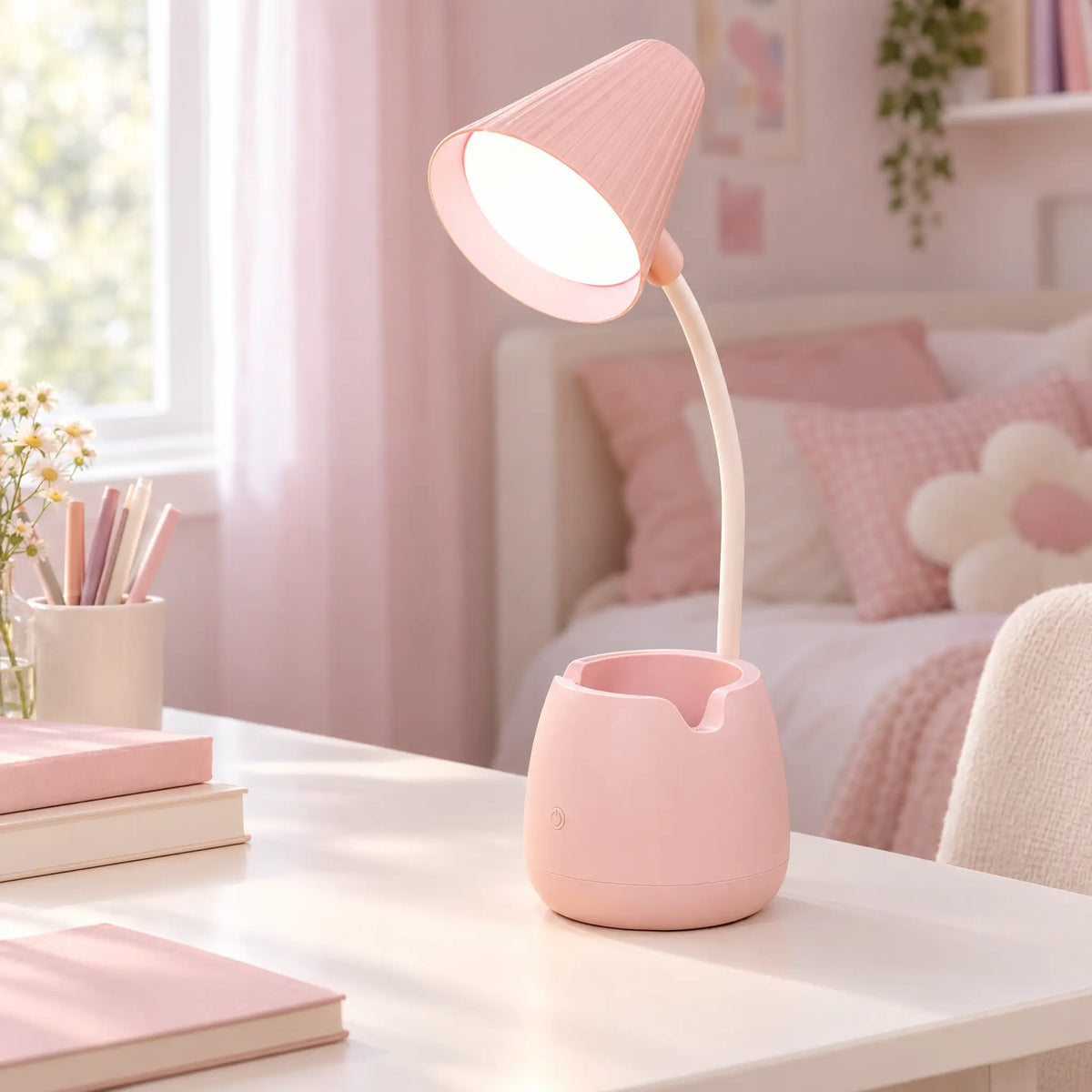 LED Desk Lamp with Pen Holder Base - Pink