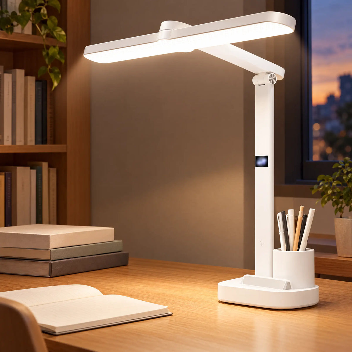T-Shaped LED Desk Lamp with Pen Holder - Mini Clock