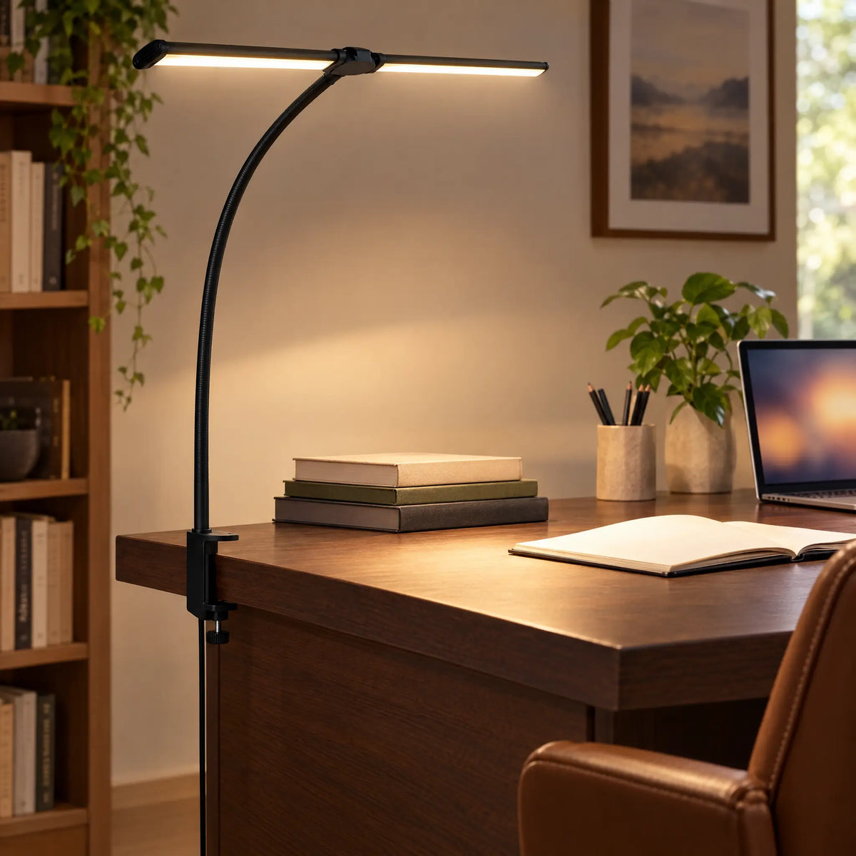 Dual-Head Clip-On Desk Lamp - Black