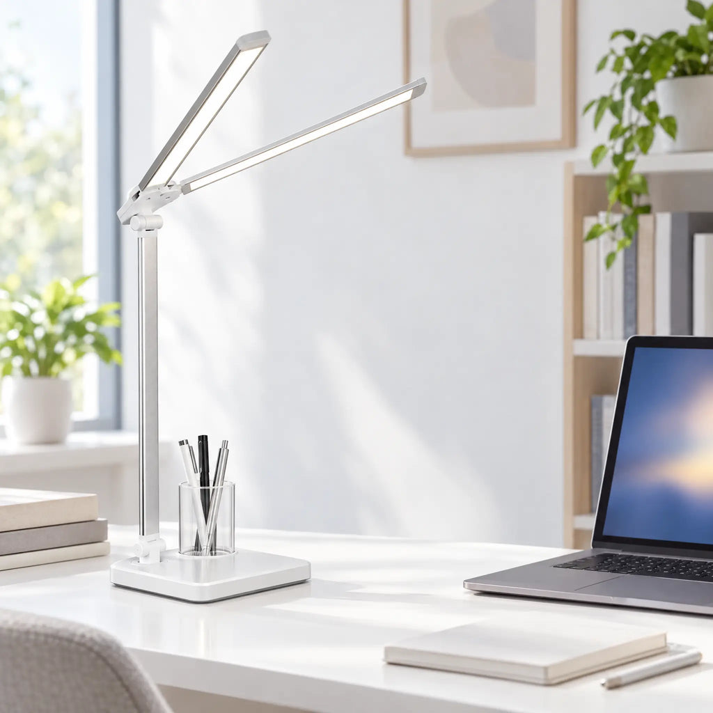 Dual-Head Desk Lamp with Pen Holder - Silver