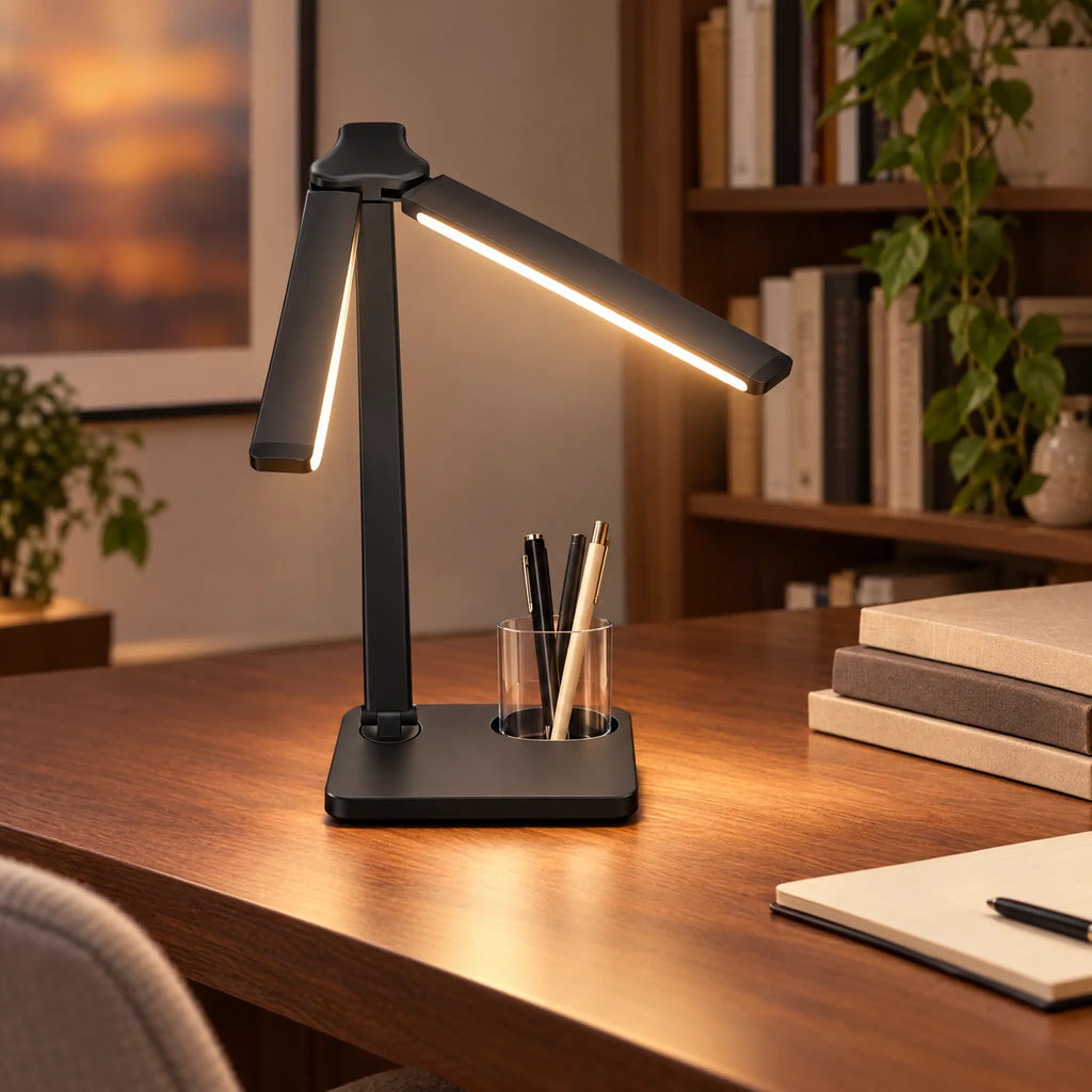 Dual-Head Desk Lamp with Pen Holder - Black