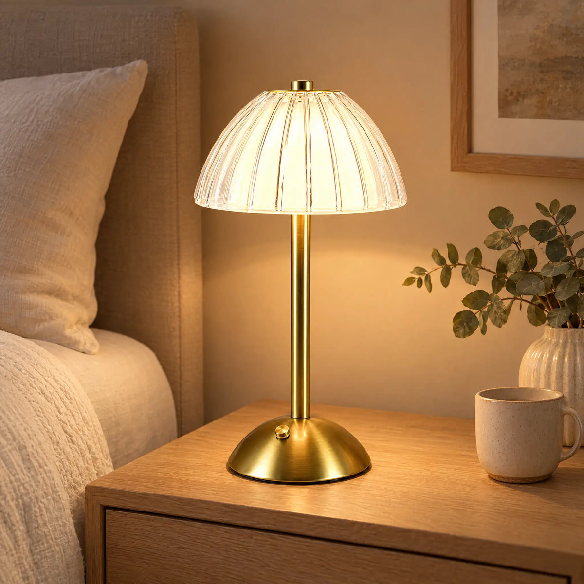 Cordless Table Lamp with ribbed acrylic shade on a nightstand
