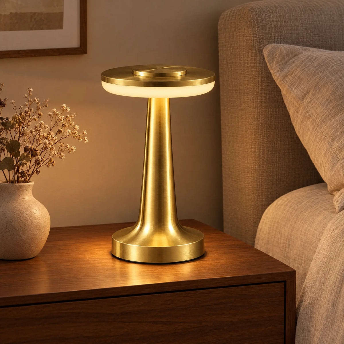 Rechargeable Metal Table Lamp in gold on a bedside table