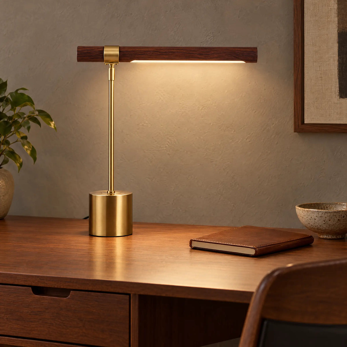 Modern table lamp with wood-grain linear shade and brass stem on a desk