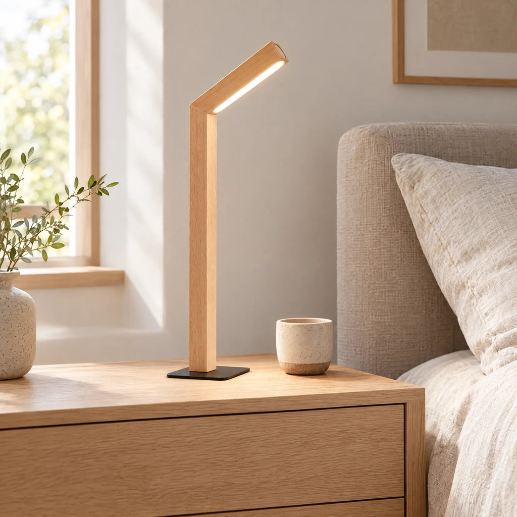 Rechargeable wooden table lamp in beech on a bedside table