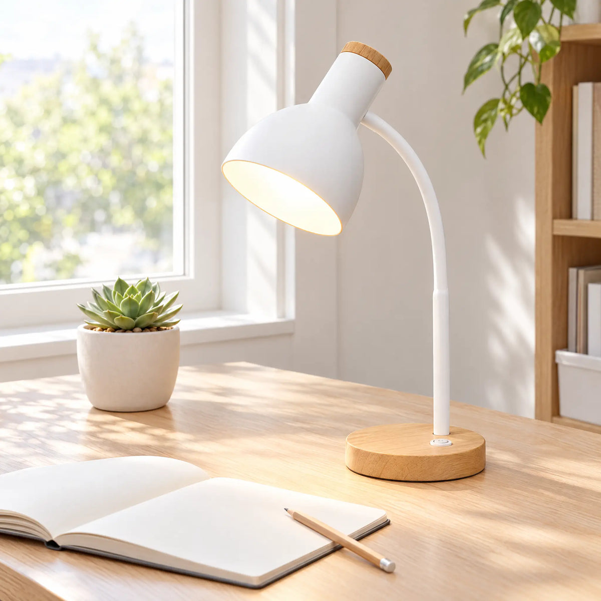 Flexible gooseneck LED desk lamp with solid wood base on a bright desk