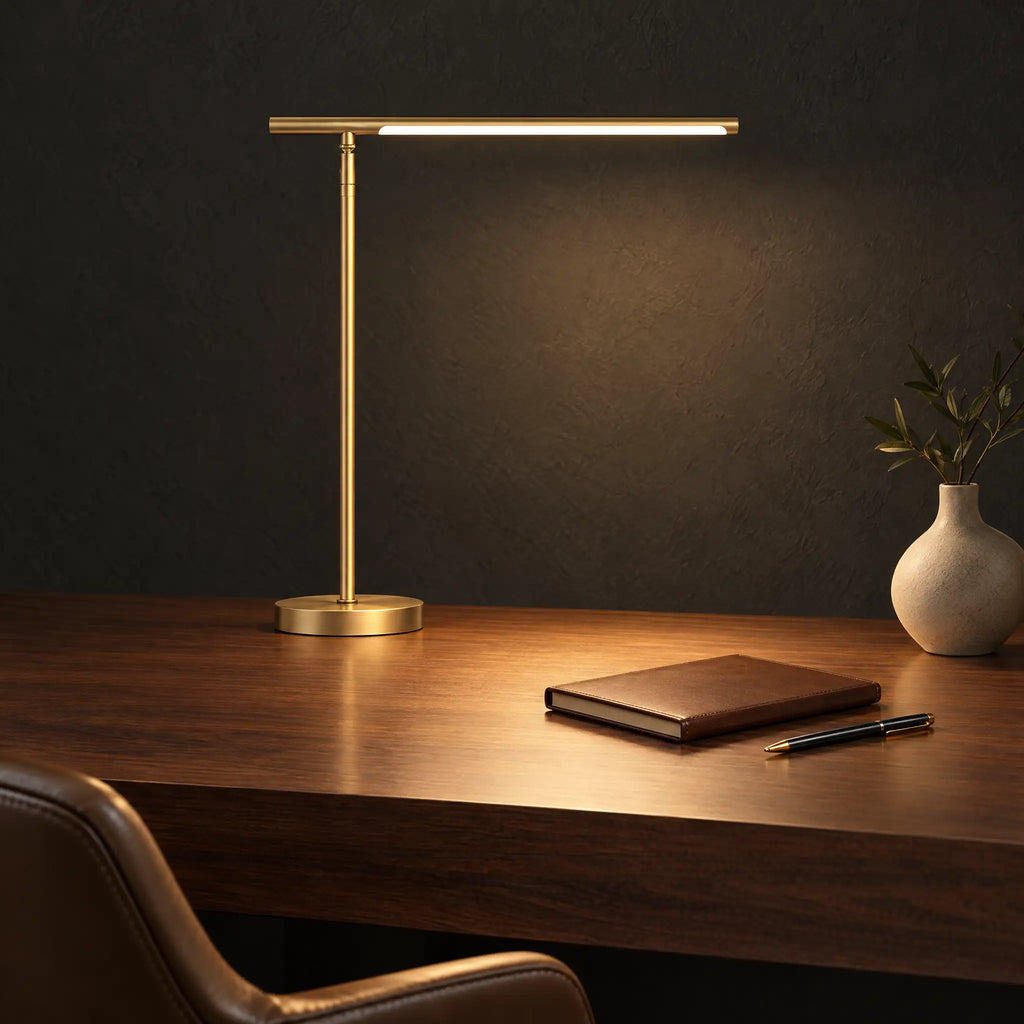Modern linear LED desk lamp in brushed copper on an executive desk