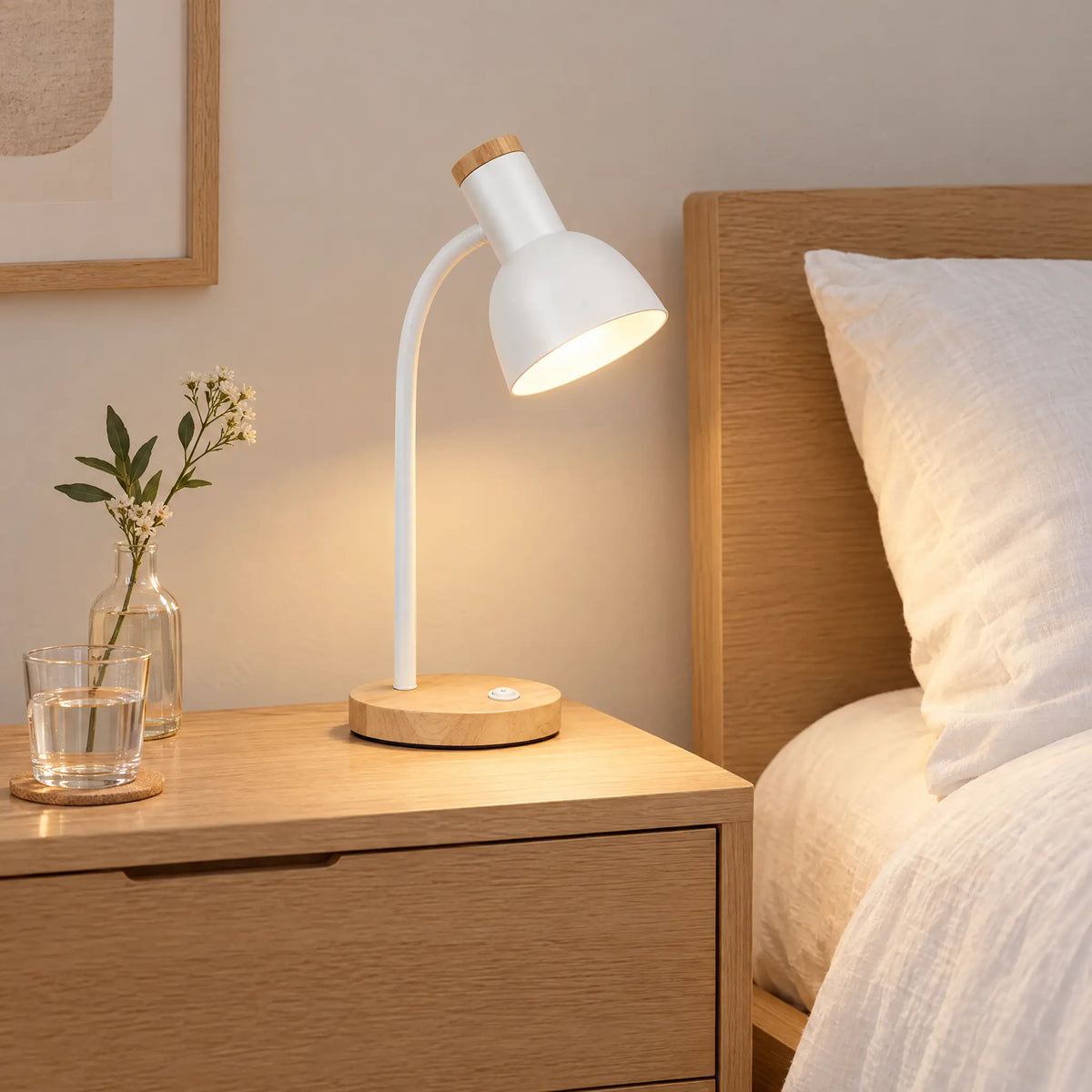 Gooseneck Desk Lamp with Wood Base - White