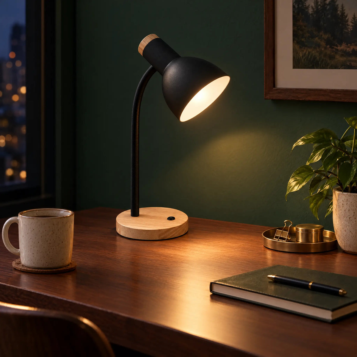 Gooseneck Desk Lamp with Wood Base - Black