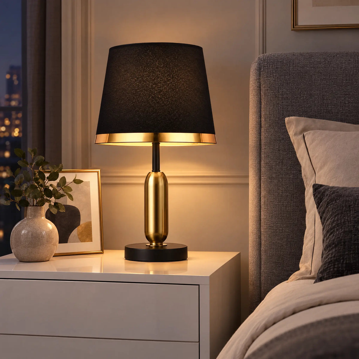 European Retro Desk Lamp with black fabric shade on a nightstand