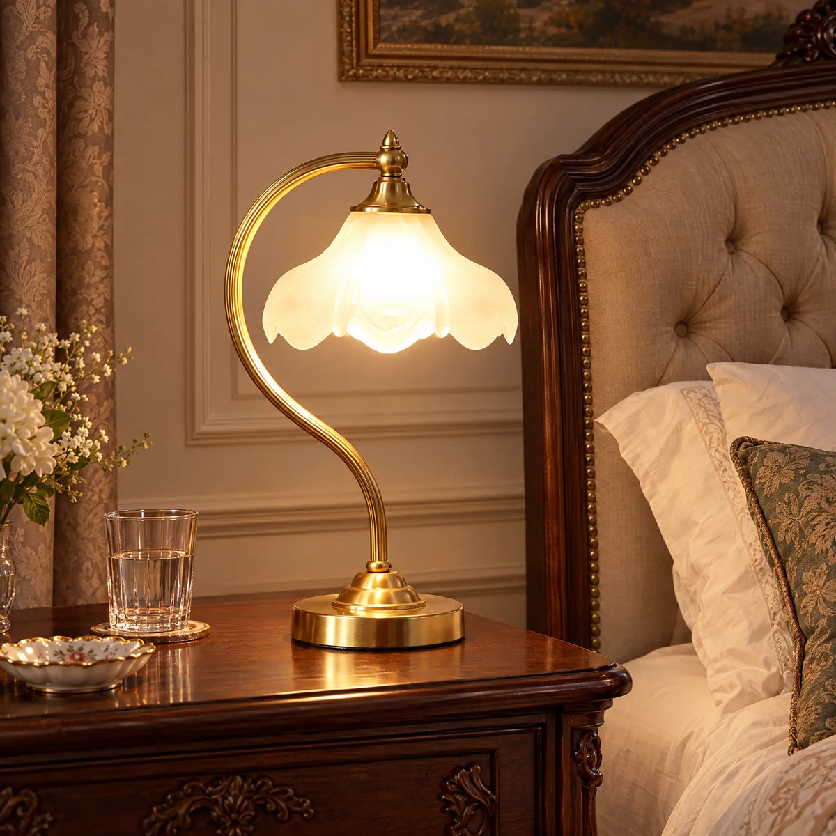 Vintage all-copper table lamp with frosted glass flower shade on a nightstand