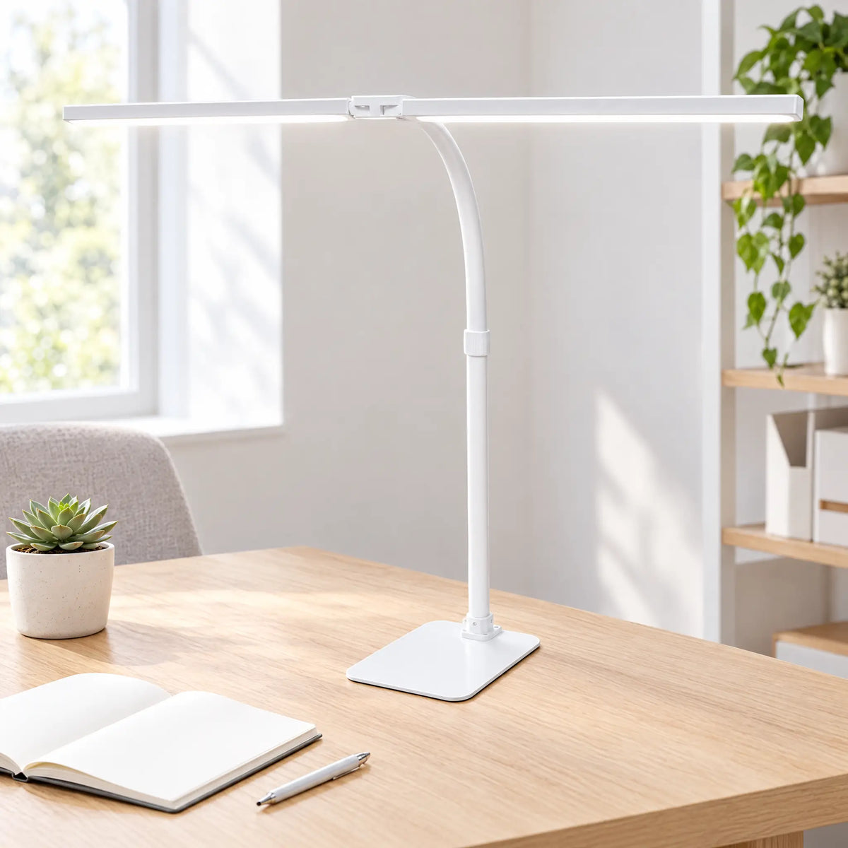 Dual-Head LED Desk Lamp - White, Weighted Base