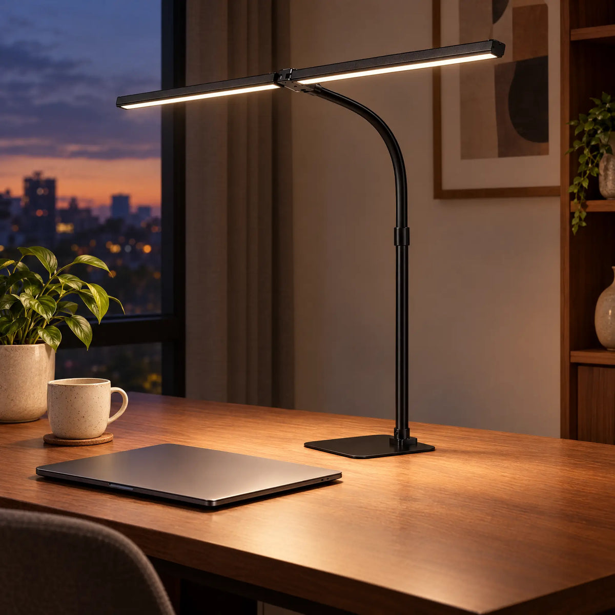 Dual-Head LED Desk Lamp - Black, Weighted Base