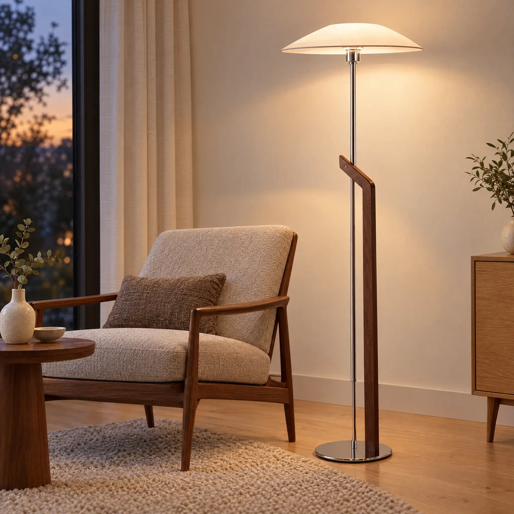 Wooden Floor Lamp - White Linen Shade