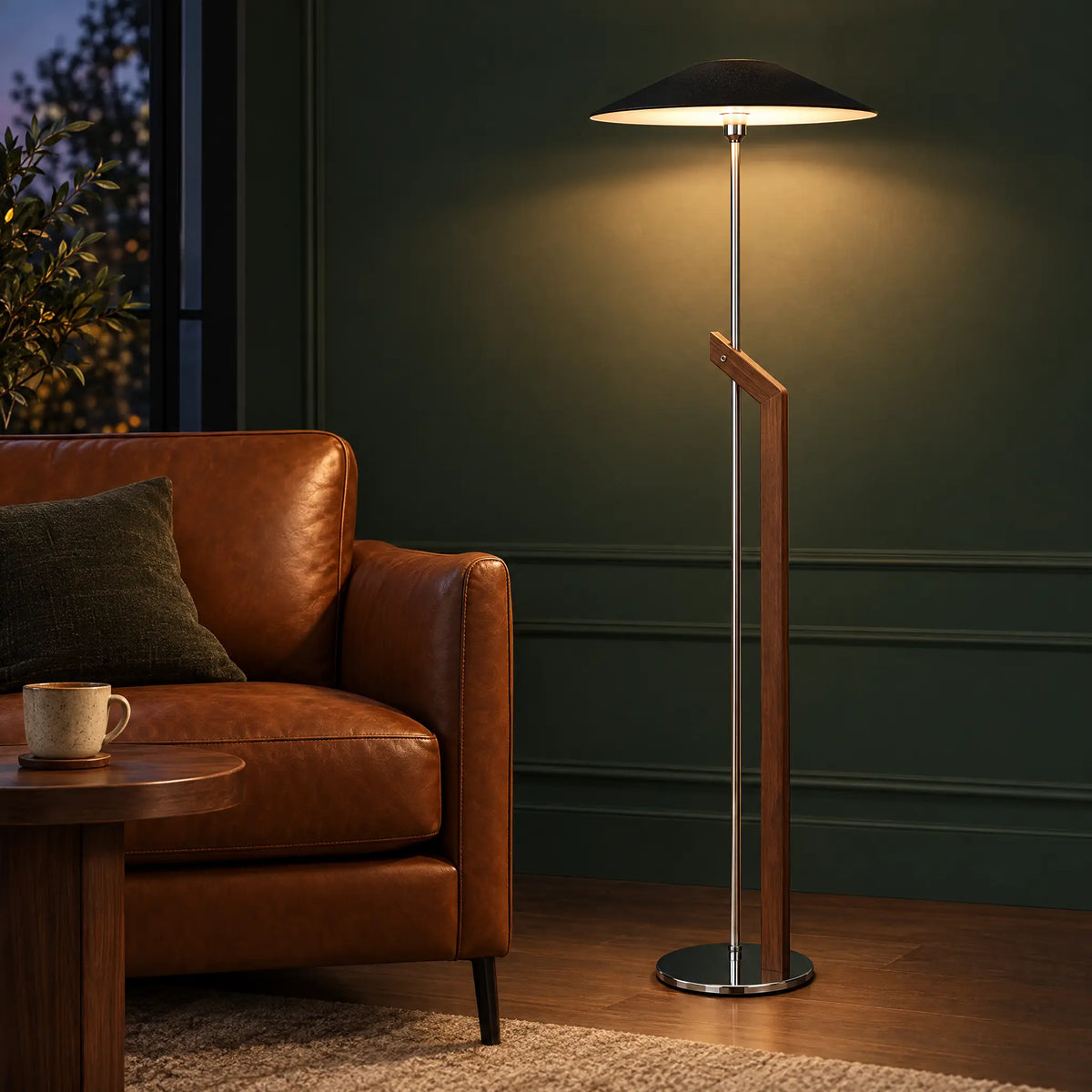 Wooden Floor Lamp - Black Shade