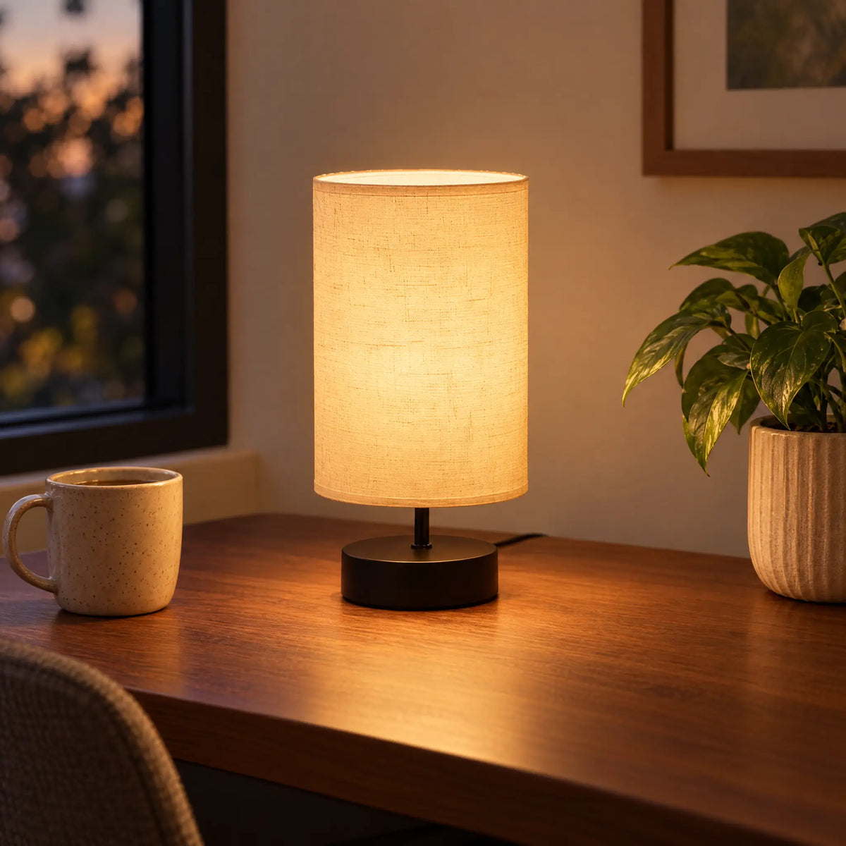 Fabric Shade Table Lamp - Khaki Shade, Black Base
