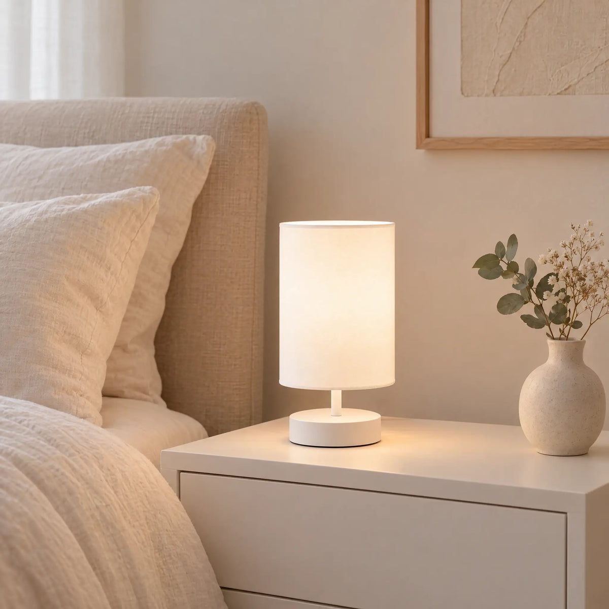 Fabric Shade Table Lamp - Off-White Shade, White Base