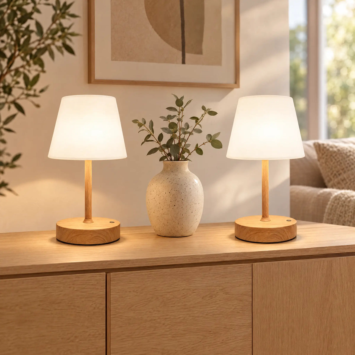 Cordless Table Lamp - Light Wood, Set of 2