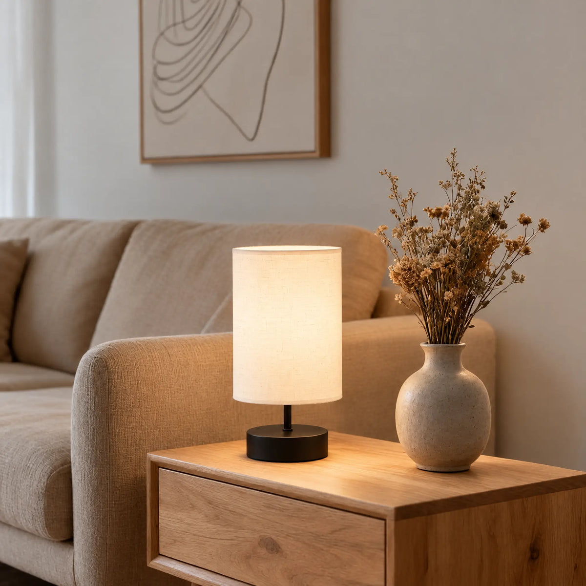 Fabric Shade Table Lamp - Off-White Shade, Black Base
