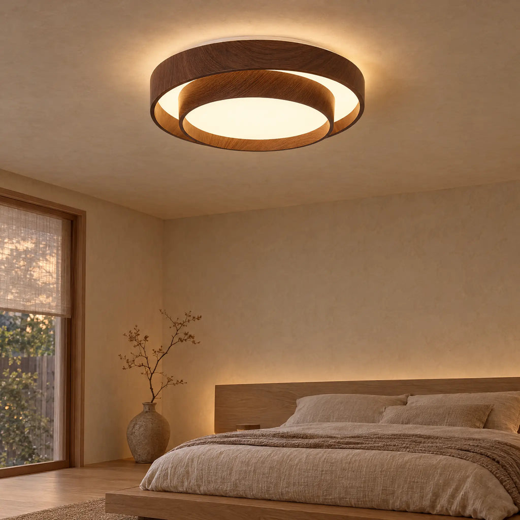 Round LED Flush Mount Ceiling Light, Two-Tier Design - Walnut in a Japanese-style bedroom