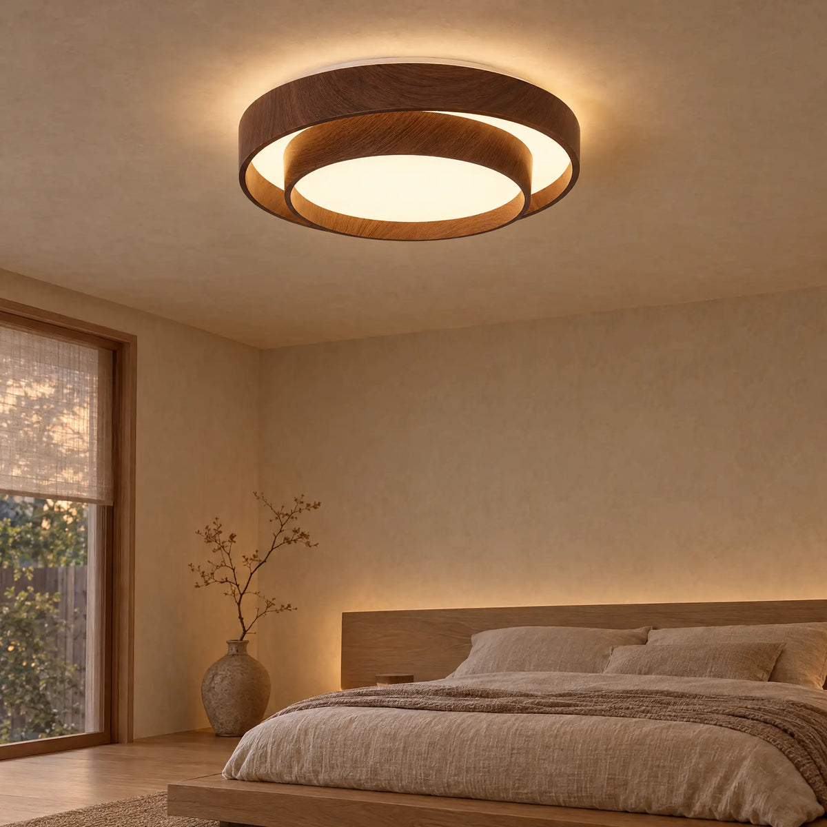 Round LED Flush Mount Ceiling Light, Two-Tier Design - Walnut in a Japanese-style bedroom