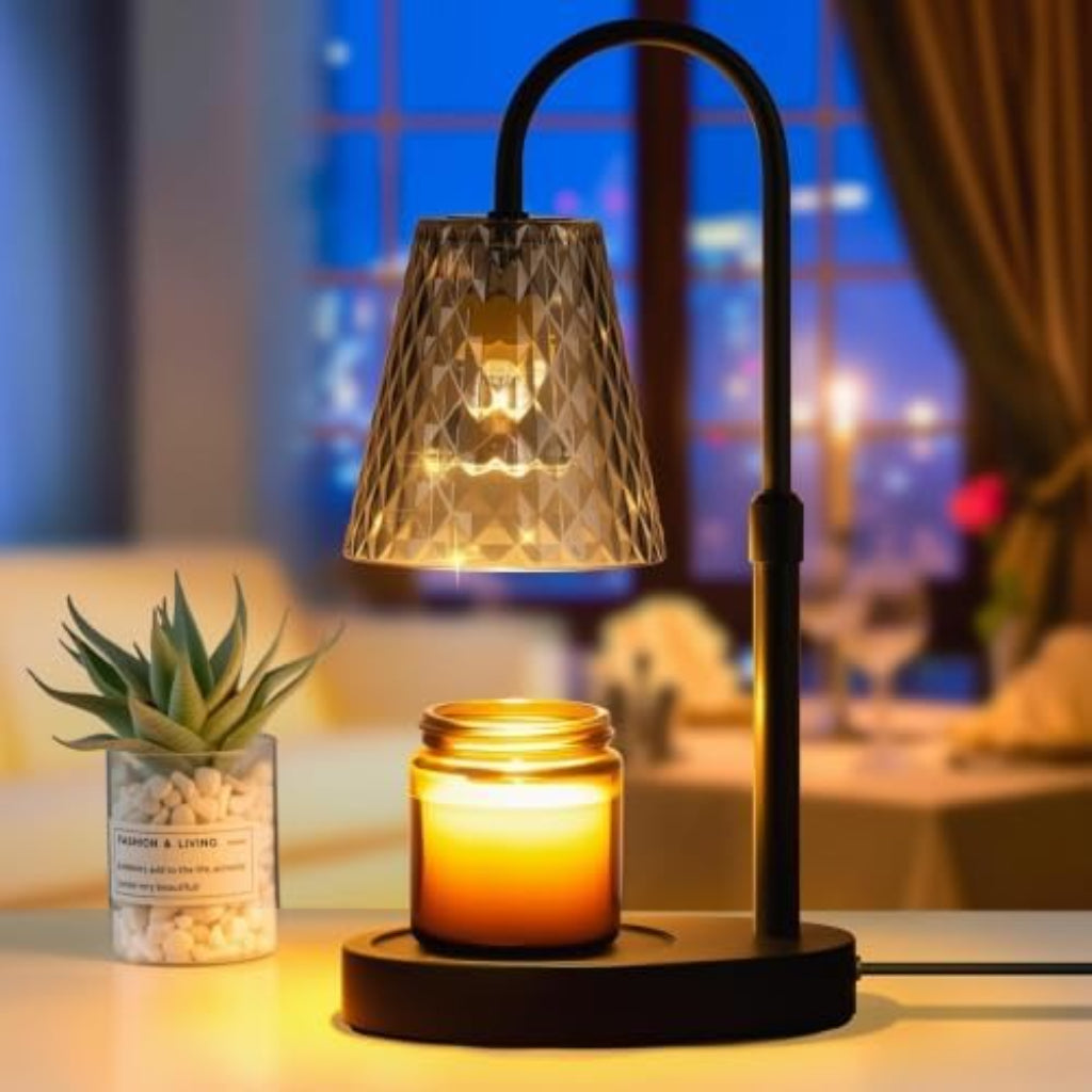 Candle Warmer Table Lamp with Timer, Ribbed Glass & Adjustable Height Velumoza